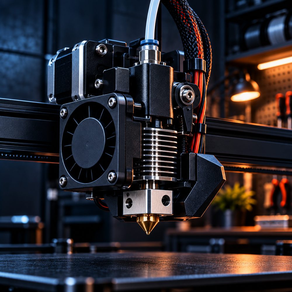 3D yazıcı ekstruder grubunun yakın çekimi: soğutma fanı, hotend ve pirinç nozzle
