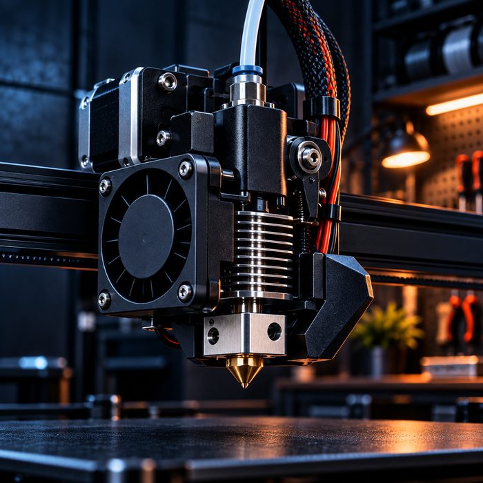 Servis tezgâhında bakımı yapılan 3D yazıcı ekstruder ve nozzle grubu