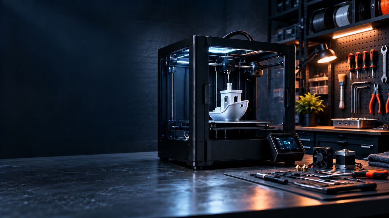 Teknik servis atölyesinde bakımı yapılan kapalı kasa 3D yazıcı ve tezgâhtaki servis aletleri